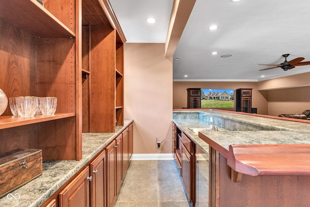 11354 Redwing Ct, Fishers, IN 46037 - bar with recessed lighting, ornamental molding, and a ceiling fan