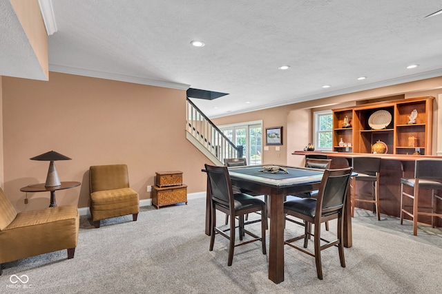 11354 Redwing Ct, Fishers, IN 46037 - carpeted dining area featuring stairway, crown molding, recessed lighting, and a textured ceiling