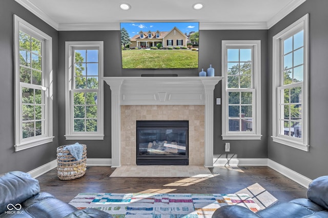 11354 Redwing Ct, Fishers, IN 46037 - living room featuring ornamental molding, wood finished floors, a tile fireplace, and recessed lighting