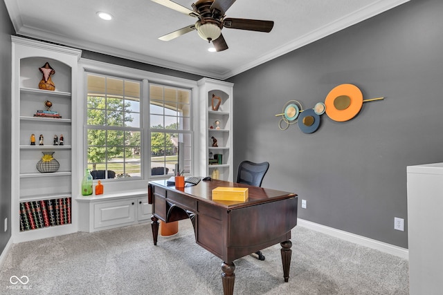 11354 Redwing Ct, Fishers, IN 46037 - home office with ornamental molding, ceiling fan, carpet, and recessed lighting