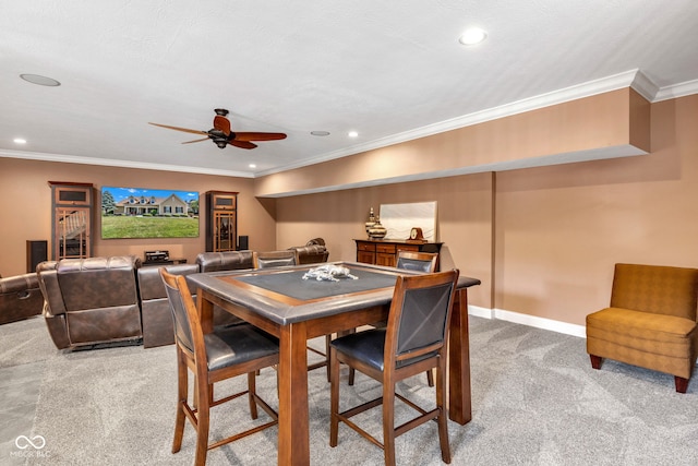 11354 Redwing Ct, Fishers, IN 46037 - dining space featuring light carpet, ceiling fan, ornamental molding, and recessed lighting