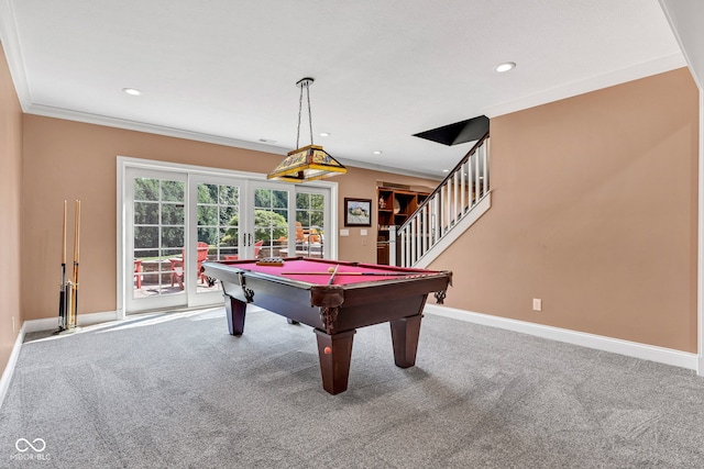 11354 Redwing Ct, Fishers, IN 46037 - game room featuring french doors, carpet, billiards table, recessed lighting, and ornamental molding