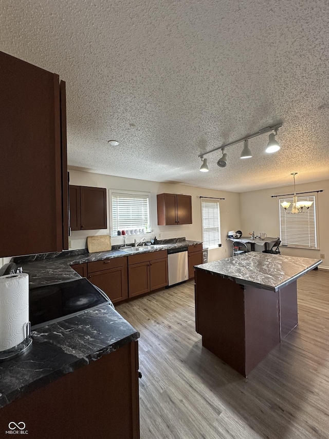 2964 Sentiment Ln, Greenwood, IN 46143 - kitchen featuring stainless steel dishwasher, rail lighting, a kitchen island, light wood finished floors, and dark countertops