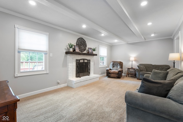 7045 W 100 N, Greenfield, IN 46140 - living room featuring recessed lighting, ornamental molding, a fireplace, carpet floors, and beamed ceiling