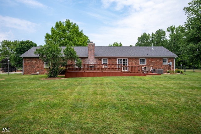 7045 W 100 N, Greenfield, IN 46140 - back of house with brick siding, a wooden deck, and a chimney