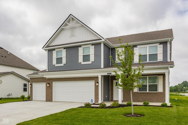 6143 Madera Dr, Whitestown, IN 46075 - craftsman-style house with brick siding, an attached garage, a front lawn, and driveway