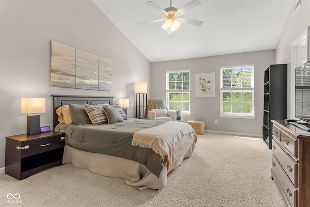 866 Rosalind Pl, Carmel, IN 46032 - bedroom featuring light carpet, ceiling fan, and high vaulted ceiling