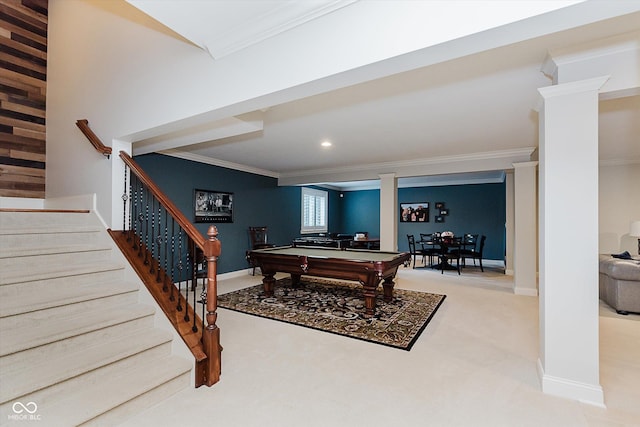 4545 Pascagoula Run, Greenwood, IN 46143 - playroom with ornamental molding, pool table, carpet flooring, ornate columns, and recessed lighting
