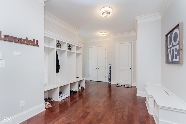 4545 Pascagoula Run, Greenwood, IN 46143 - mudroom featuring dark wood-style flooring and ornamental molding