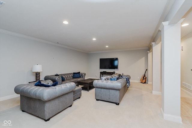 4545 Pascagoula Run, Greenwood, IN 46143 - living area with recessed lighting, crown molding, and light carpet