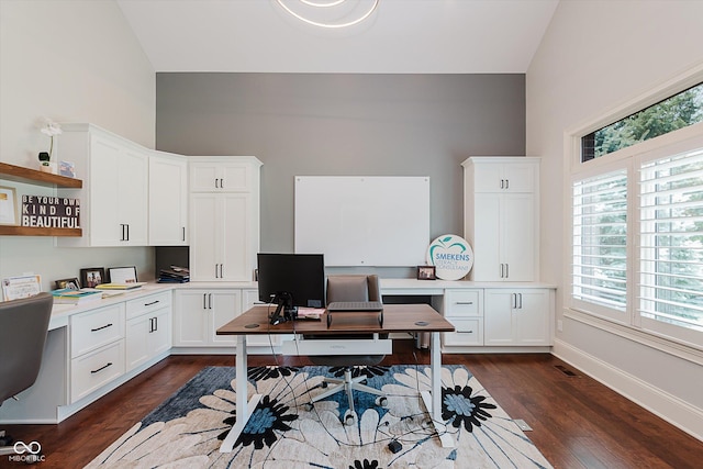 4545 Pascagoula Run, Greenwood, IN 46143 - office featuring high vaulted ceiling, dark wood-type flooring, and healthy amount of natural light