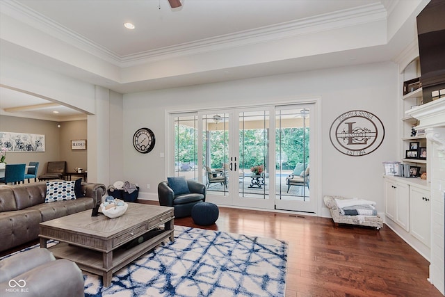 4545 Pascagoula Run, Greenwood, IN 46143 - living room featuring wood finished floors, crown molding, french doors, recessed lighting, and a ceiling fan