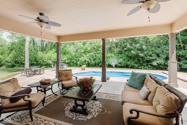 4545 Pascagoula Run, Greenwood, IN 46143 - view of patio / terrace with a ceiling fan, an outdoor hangout area, outdoor dining area, and an outdoor pool