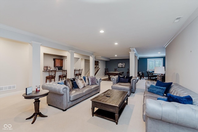 4545 Pascagoula Run, Greenwood, IN 46143 - living area featuring crown molding, recessed lighting, light colored carpet, and stairway