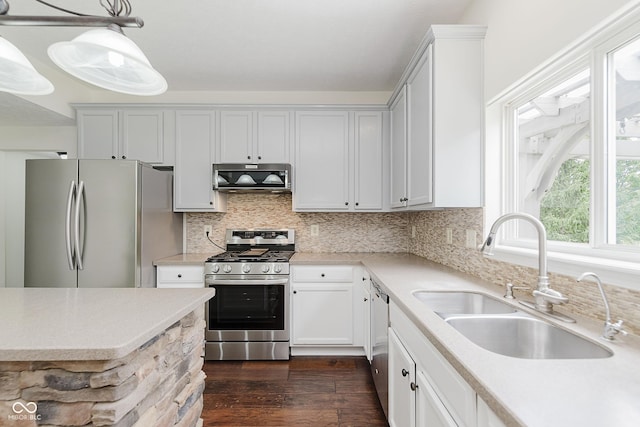 12291 Cobblestone Dr, Fishers, IN 46037 - kitchen featuring stainless steel appliances, dark wood-style floors, healthy amount of natural light, and light countertops