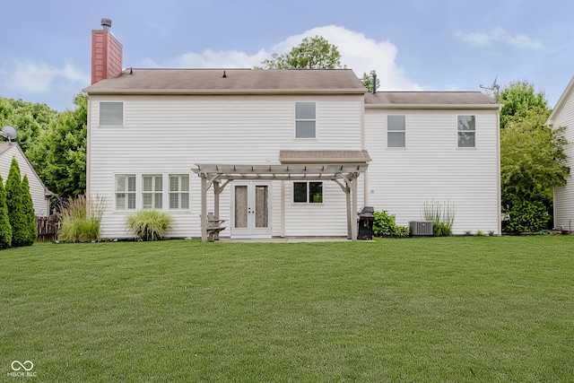 12291 Cobblestone Dr, Fishers, IN 46037 - rear view of property with a pergola, a lawn, a chimney, and a patio