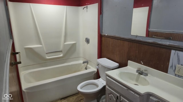 1338 Glenn Ave, Wabash, IN 46992 - bathroom with wainscoting, tub / shower combination, vanity, and wooden walls