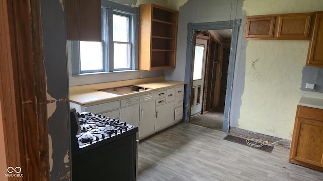 1338 Glenn Ave, Wabash, IN 46992 - kitchen with light countertops, brown cabinets, light wood-style flooring, and open shelves