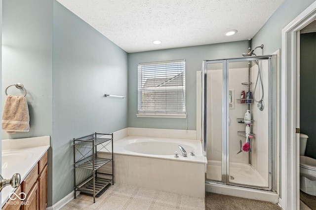 12034 Gatwick View Dr, Fishers, IN 46037 - bathroom with a bath, a stall shower, vanity, a textured ceiling, and recessed lighting