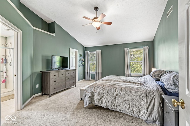 12034 Gatwick View Dr, Fishers, IN 46037 - bedroom with a textured ceiling, carpet, a ceiling fan, connected bathroom, and high vaulted ceiling