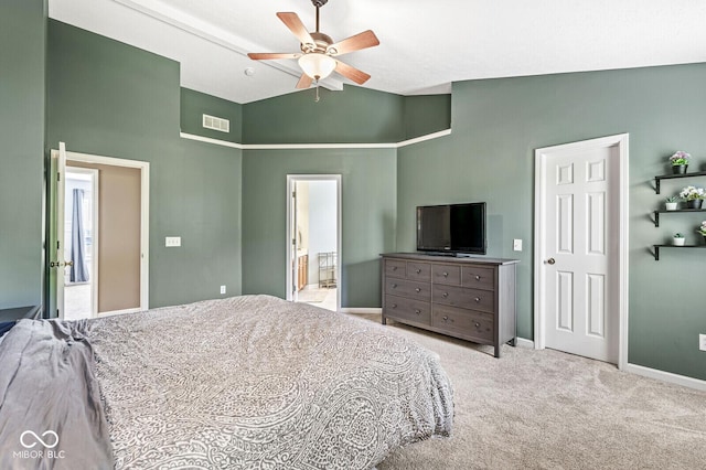 12034 Gatwick View Dr, Fishers, IN 46037 - carpeted bedroom featuring high vaulted ceiling, ensuite bath, and ceiling fan