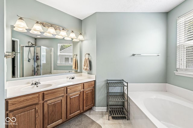 12034 Gatwick View Dr, Fishers, IN 46037 - full bathroom featuring a stall shower, a garden tub, double vanity, and plenty of natural light