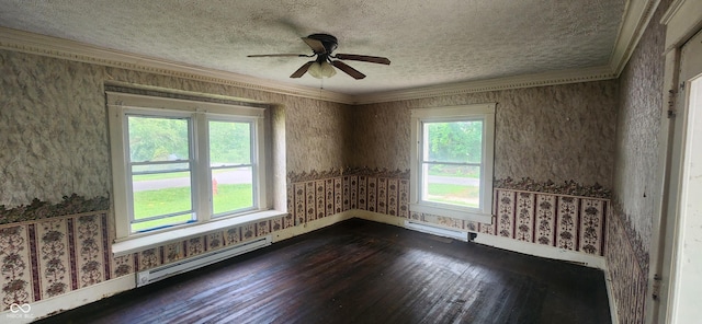 308 E Washington St, Saint Paul, IN 47272 - empty room with a baseboard radiator, wallpapered walls, dark wood-style floors, ornamental molding, and a textured ceiling