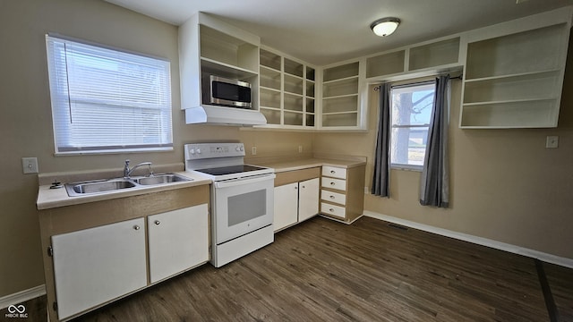 4107 Weaver Ave, Indianapolis, IN 46227 - kitchen featuring white electric range, stainless steel microwave, open shelves, under cabinet range hood, and dark wood finished floors