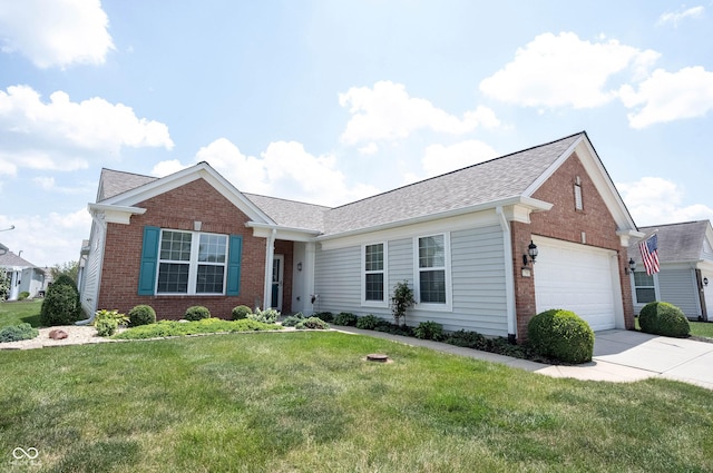 12985 Merlot Ln, Fishers, IN 46037 - ranch-style home with brick siding, a front lawn, concrete driveway, and an attached garage
