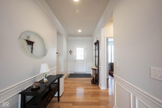 12985 Merlot Ln, Fishers, IN 46037 - corridor with ornamental molding, light wood finished floors, wainscoting, recessed lighting, and a decorative wall
