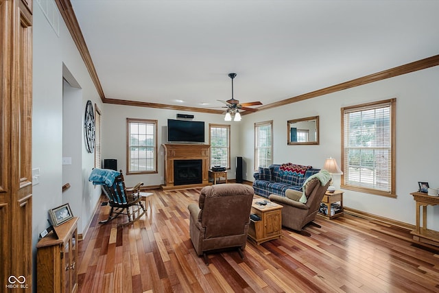 7178 Lockford Walk N, Avon, IN 46123 - living room featuring ornamental molding, a fireplace with raised hearth, light wood finished floors, and a ceiling fan