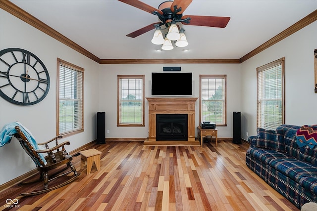 7178 Lockford Walk N, Avon, IN 46123 - living room featuring light wood-style floors, ceiling fan, ornamental molding, and a fireplace with raised hearth