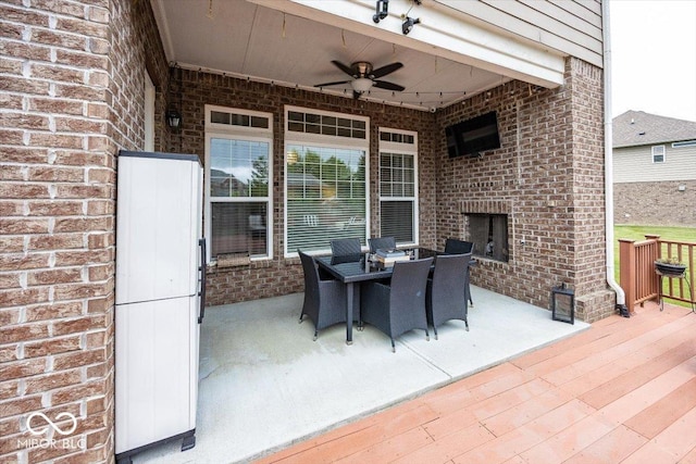 15540 Provincial Ln, Fishers, IN 46040 - view of patio with ceiling fan, an outdoor brick fireplace, and outdoor dining area