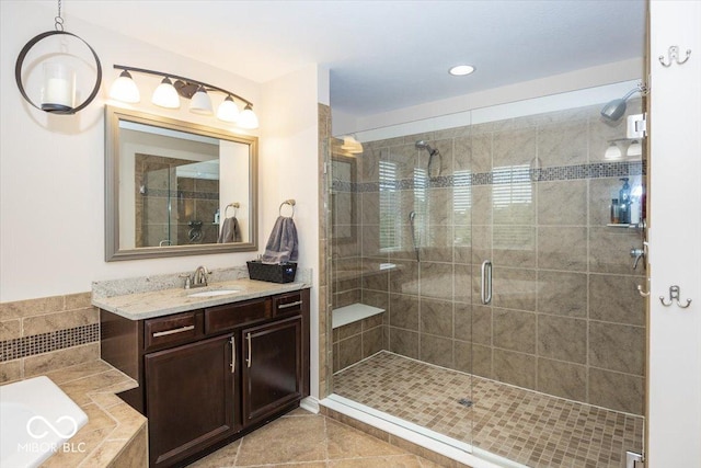 15540 Provincial Ln, Fishers, IN 46040 - full bathroom featuring a stall shower, vanity, a bath, tile patterned floors, and recessed lighting