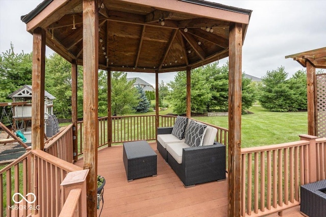 15540 Provincial Ln, Fishers, IN 46040 - wooden terrace featuring outdoor lounge area, a lawn, and a gazebo