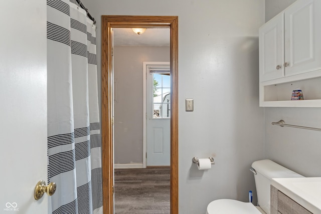 1108 Warwick Dr, New Whiteland, IN 46184 - bathroom featuring wood finished floors, vanity, and a shower with shower curtain