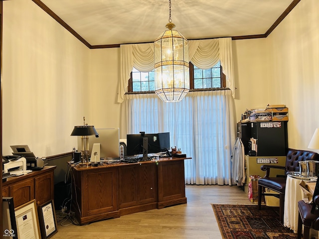 8413 Catamaran Dr, Indianapolis, IN 46236 - home office with ornamental molding, light wood-style floors, and a chandelier