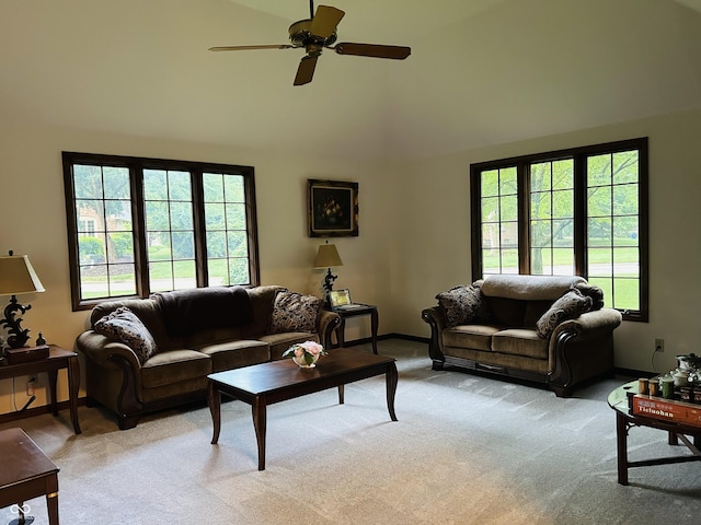 8413 Catamaran Dr, Indianapolis, IN 46236 - living room featuring light colored carpet, a ceiling fan, and high vaulted ceiling