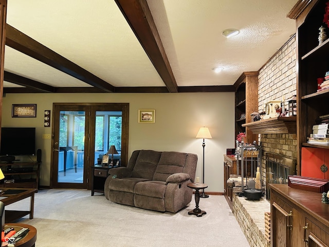 8413 Catamaran Dr, Indianapolis, IN 46236 - living room with light carpet, beam ceiling, and a fireplace