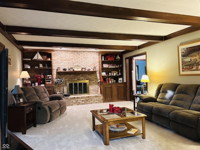8413 Catamaran Dr, Indianapolis, IN 46236 - living room featuring carpet floors, built in features, beam ceiling, and a fireplace