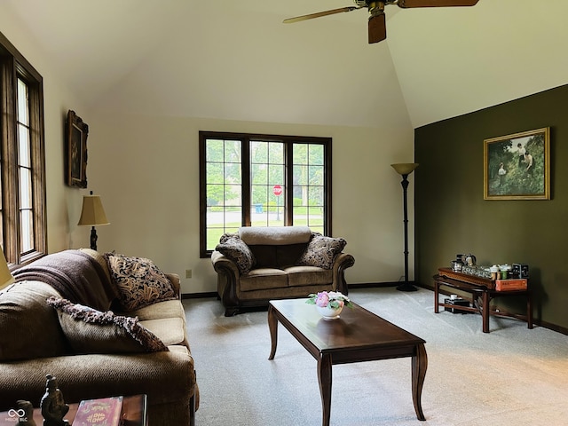 8413 Catamaran Dr, Indianapolis, IN 46236 - living area featuring light carpet, a ceiling fan, and high vaulted ceiling