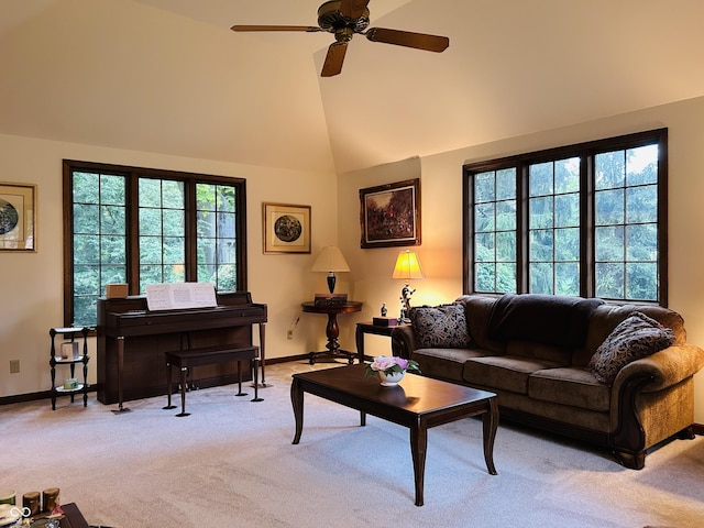 8413 Catamaran Dr, Indianapolis, IN 46236 - living room featuring ceiling fan, light carpet, and high vaulted ceiling