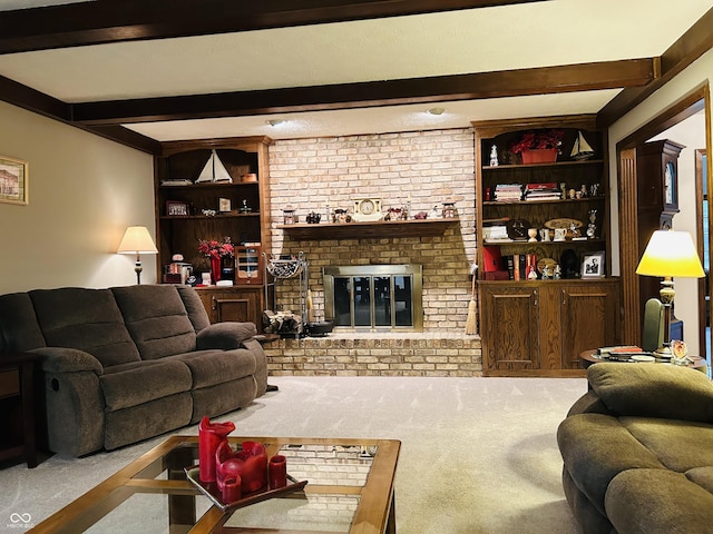 8413 Catamaran Dr, Indianapolis, IN 46236 - living room featuring beamed ceiling, carpet flooring, built in shelves, and a brick fireplace