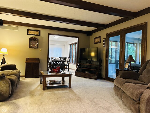 8413 Catamaran Dr, Indianapolis, IN 46236 - living area with beam ceiling and light carpet