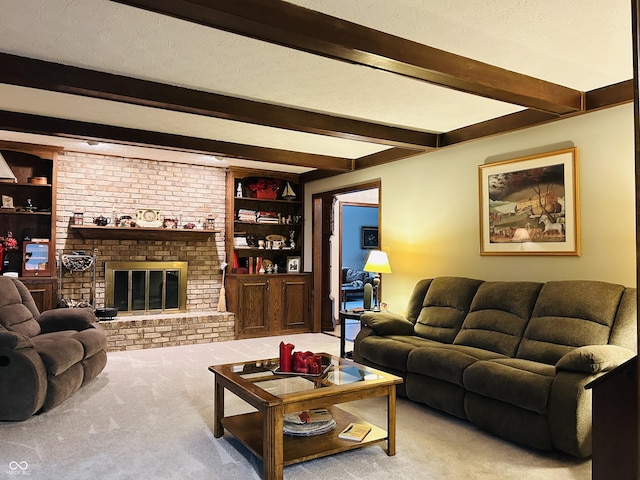 8413 Catamaran Dr, Indianapolis, IN 46236 - carpeted living area with beamed ceiling, built in features, and a fireplace