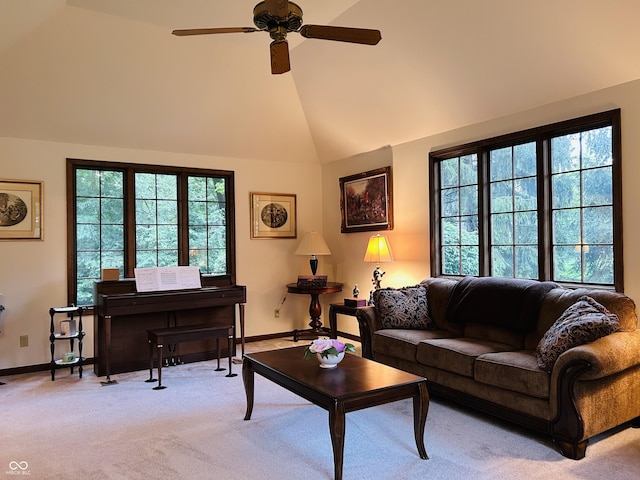 8413 Catamaran Dr, Indianapolis, IN 46236 - living room featuring a ceiling fan, healthy amount of natural light, high vaulted ceiling, and light colored carpet