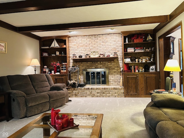 8413 Catamaran Dr, Indianapolis, IN 46236 - carpeted living room featuring beamed ceiling, built in shelves, and a fireplace