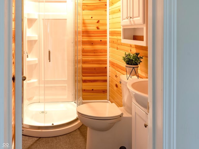 945 E Worthsville Rd, Greenwood, IN 46143 - full bath featuring a shower stall, vanity, and wood walls