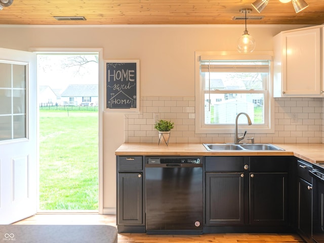 945 E Worthsville Rd, Greenwood, IN 46143 - kitchen with dishwasher, light countertops, wooden ceiling, white cabinets, and backsplash