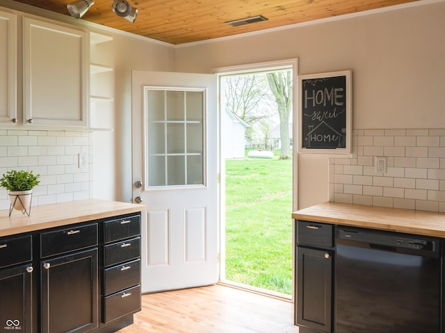 945 E Worthsville Rd, Greenwood, IN 46143 - kitchen featuring dishwasher, butcher block counters, wood ceiling, backsplash, and dark cabinetry